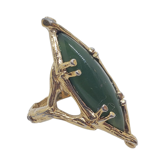 Vintage 1970s Nephrite Jade Marquise Ring Gold Plate Bamboo Branch sz 6.75 - Picture 1 of 13